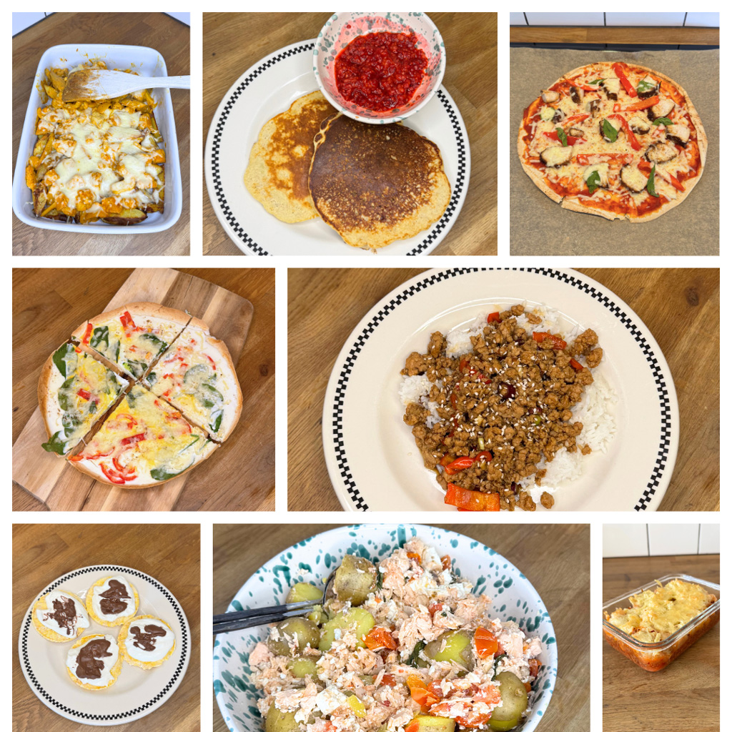 Collage av olika hälsosamma måltider.